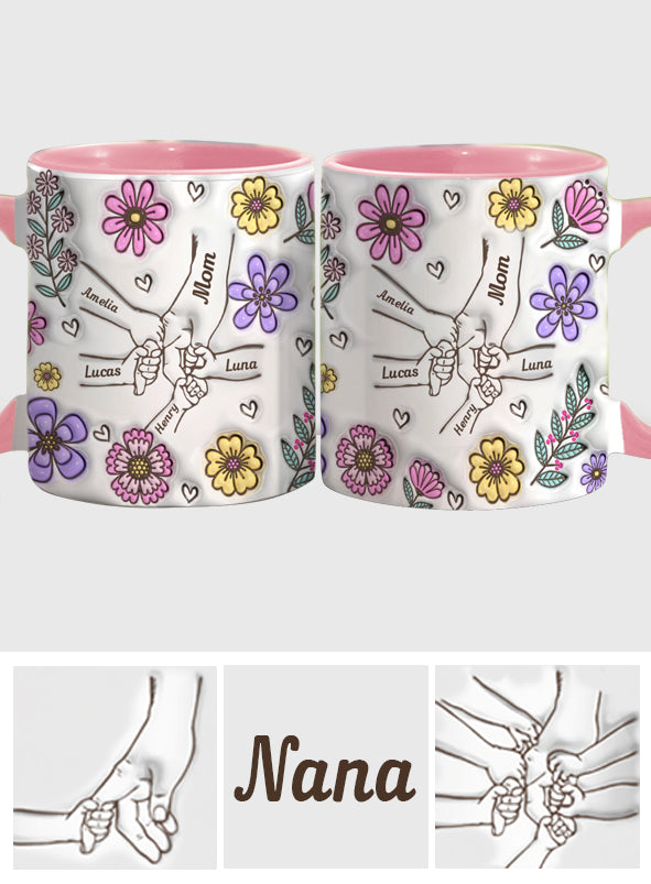Personalisierte Tasse mit rosa Blume und Händchen für Oma und Mama – Mutter-Akzent
