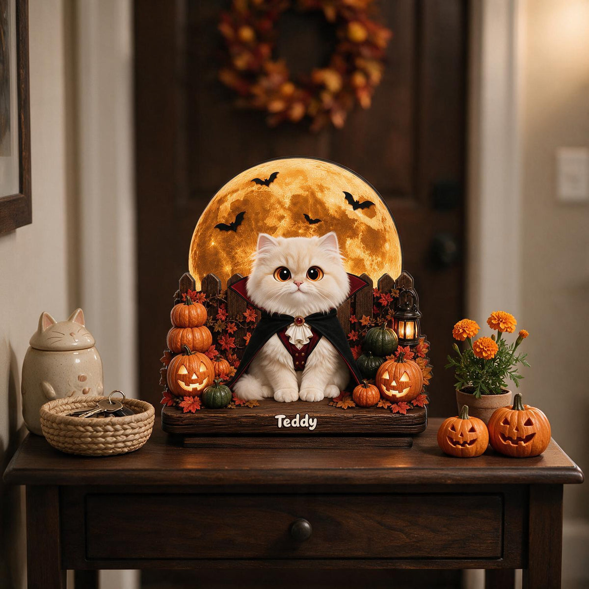 Personalisierte 2-Layer Holz Halloween-Plakette - Gruselige Vampir-Katze mit Kürbissen, individuelles Geschenk für Katzenliebhaber