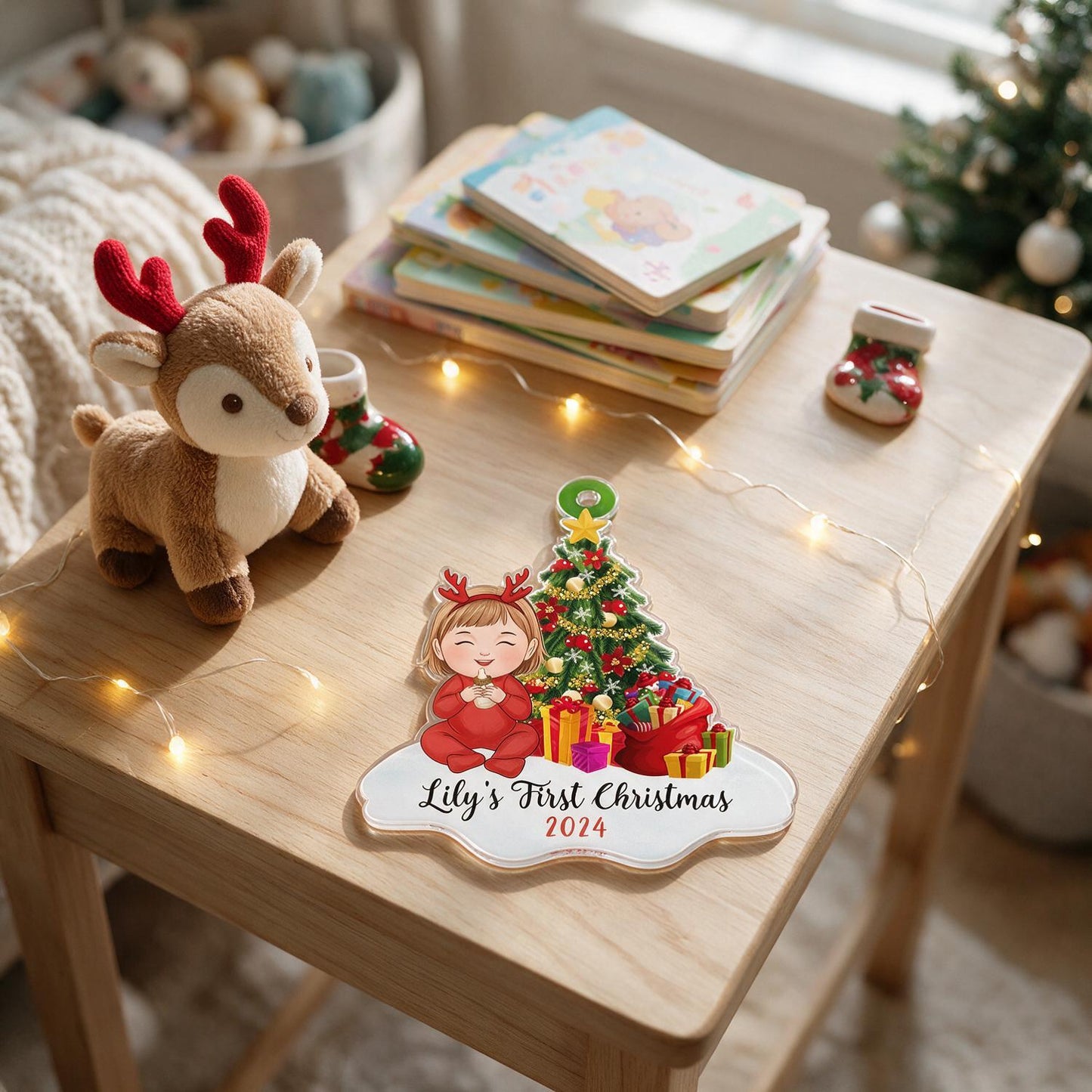 Baby Girl First Christmas Personalized Acrylic Ornament - Reindeer Headband, Christmas Tree, Custom Name Year New Baby Gift