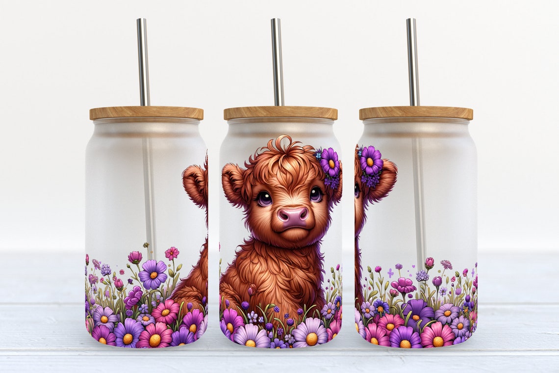 Floral Highland Cow Highland Cow Can Glass 0624