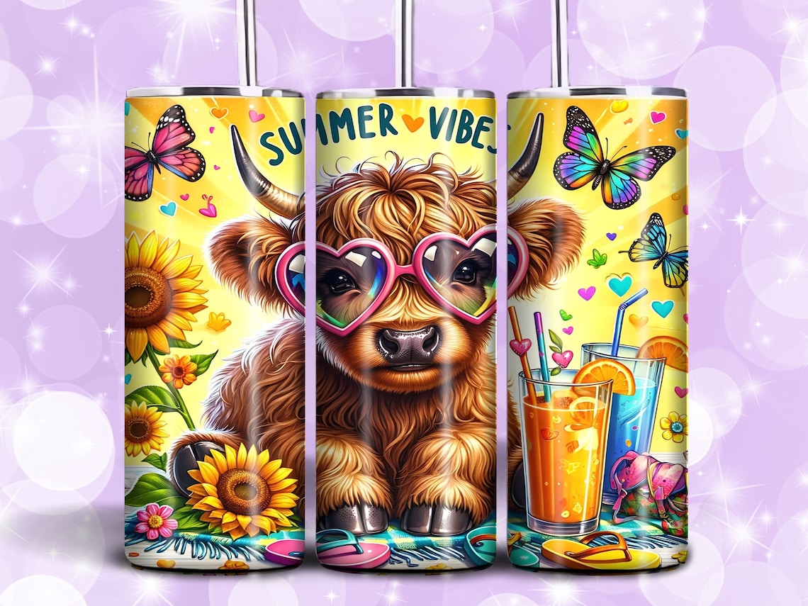 Summer Vibes Highland Cow Skinny Tumbler 0624