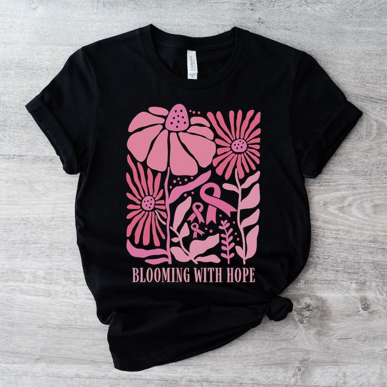 T-Shirt mit Blumenmuster zur Sensibilisierung für Brustkrebs, Brustkrebskämpfer-Shirt, T-Shirt mit rosa Schleife und Hoodie zur Sensibilisierung für Brustkrebs 0924