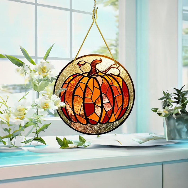 Kürbis-Glasornament, Halloween-Dekoration, Kürbis-Fensterhänger, Sonnenfänger-Ornament, Halloween-Fensterhänger, Sonnenfänger-Ornament 0924
