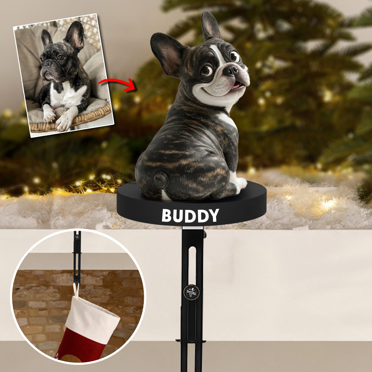 Lustige Hunde - Personalisierter Strumpfaufhänger in Form einer französischen Bulldogge