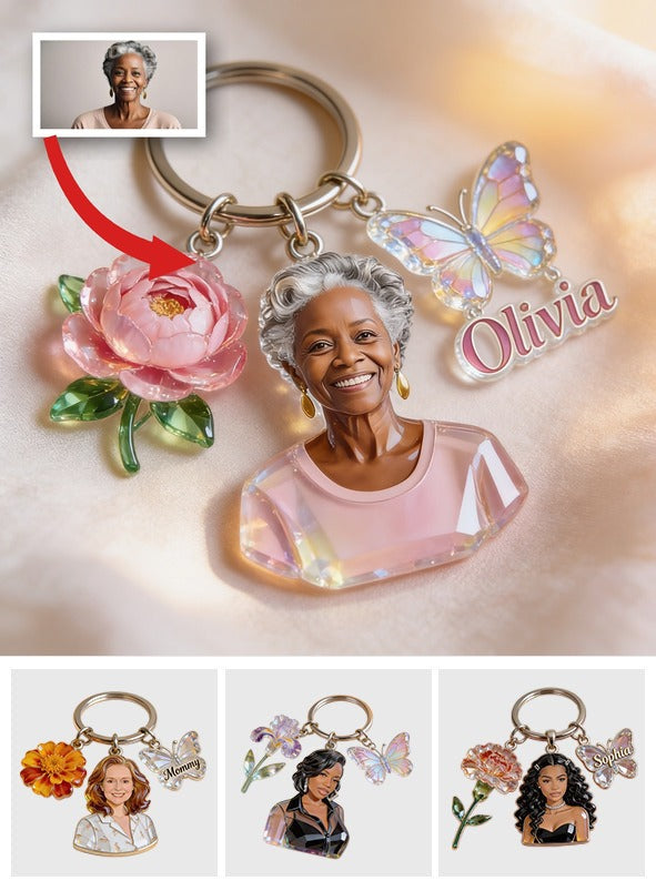 Personalized Black Mom Portrait Keychain - Custom Keepsake Gift For Grandma With Peony, Butterfly and Name Charms