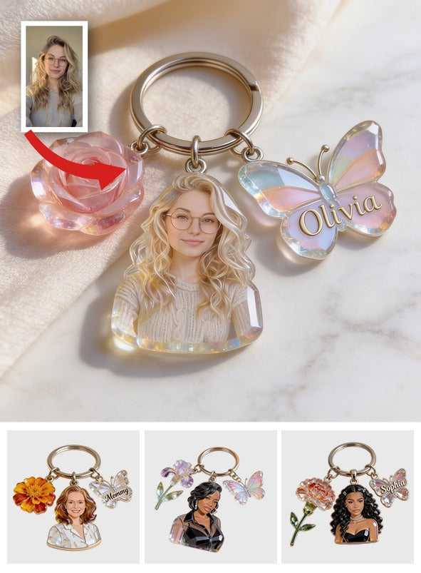 Personalisierter Schlüsselanhänger für Frauen mit Foto, Name, Rose & Schmetterling