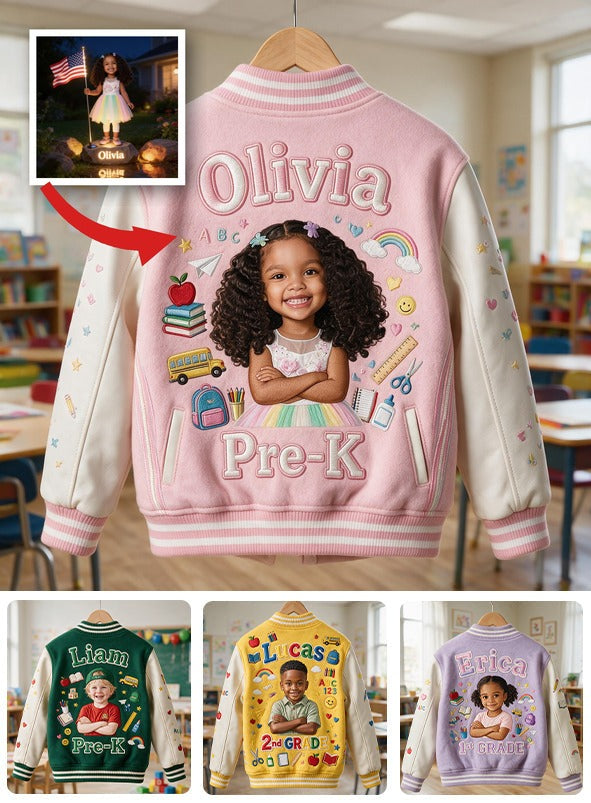 Personalized Pastel Pink Black Girl Back To School Varsity Jacket Custom Any Grade Kid Gift Outerwear