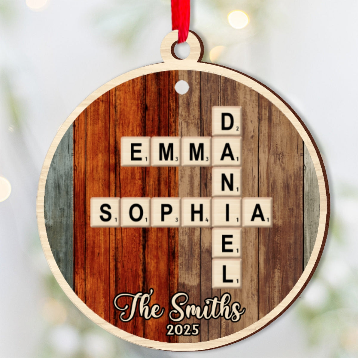 „Liebe Familie“-Kreuzworträtsel/Scrabble-Puzzle – Personalisierter Familien-Wende-Ornament