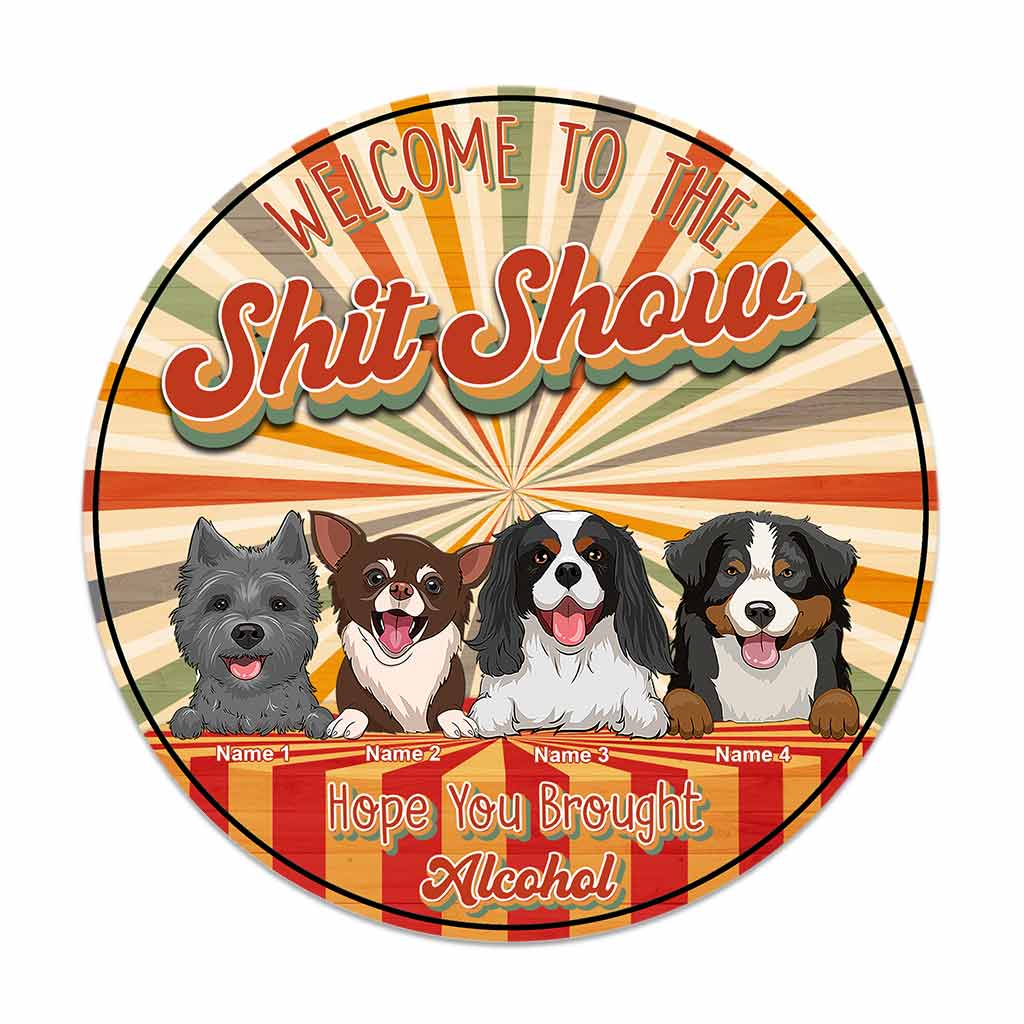Willkommen zur Show – Personalisiertes rundes Holzschild mit Hundemotiv