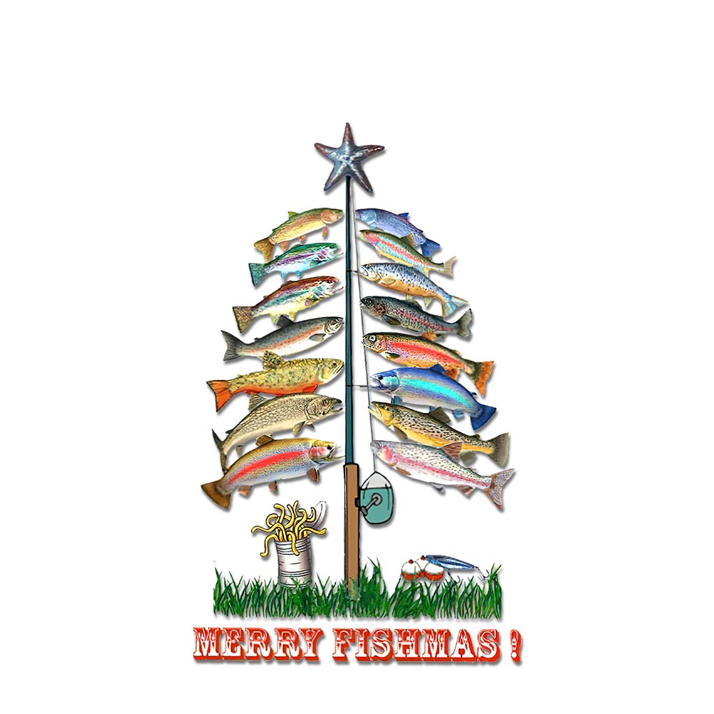 Fröhliche Fischweihnachten – Weihnachtsaufkleber zum Thema Angeln (komplett)