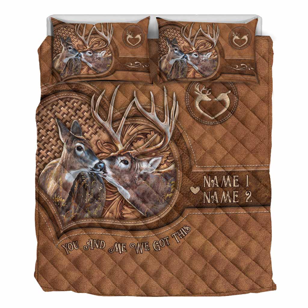 „Du und ich, wir schaffen das“ – Personalisiertes Jagd-Steppdecken-Set mit Ledermuster