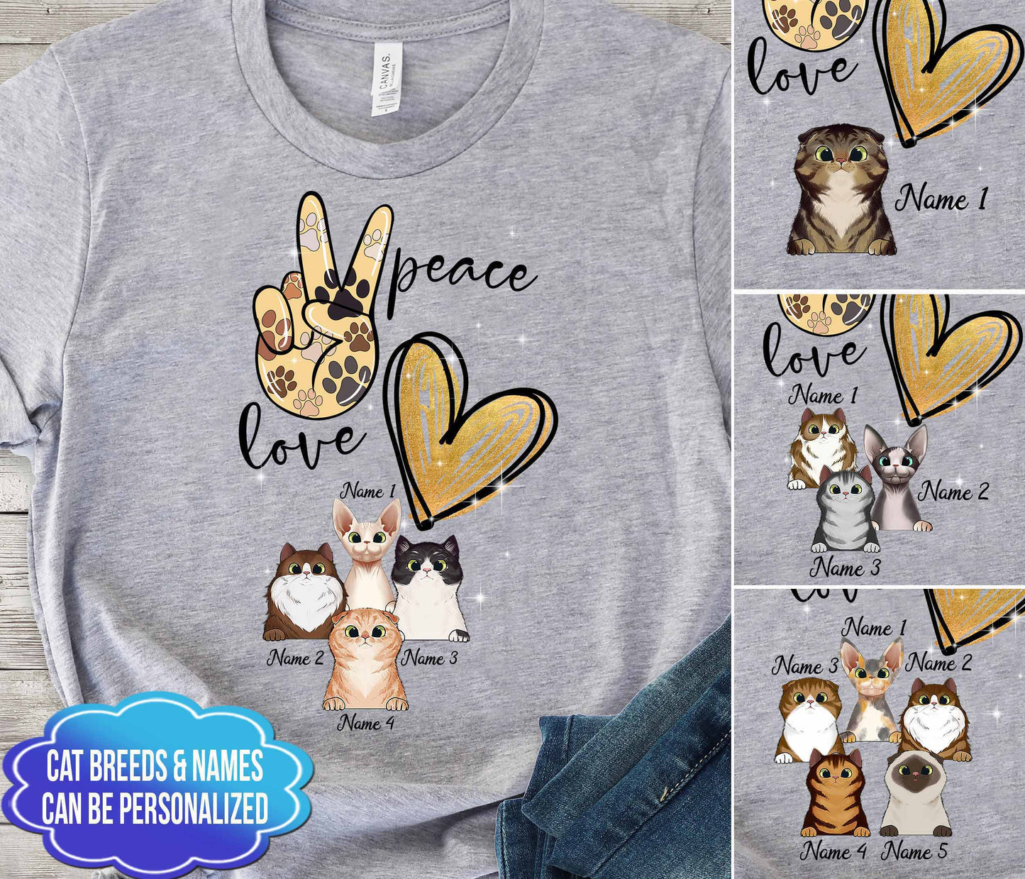 Personalisiertes T-Shirt und Hoodie mit dem Aufdruck „Frieden und Liebe Katze“