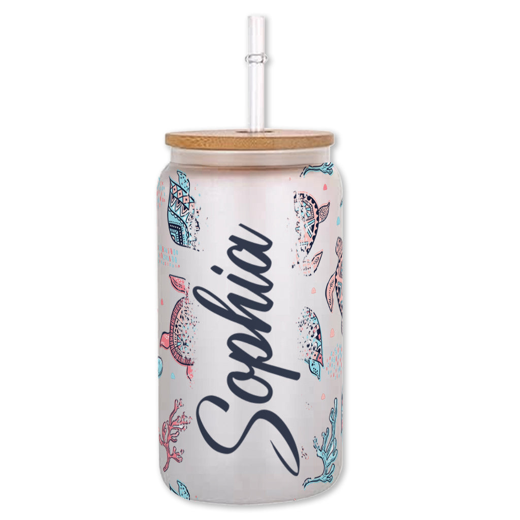 Rosa und blaue Schildkröte – personalisiertes Schildkröten-Trinkglas