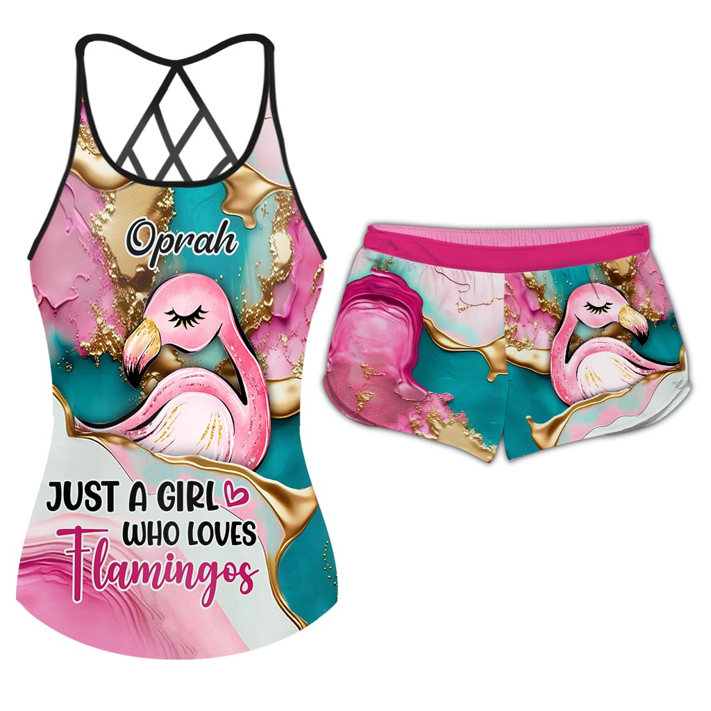 Tropical Vibes Pink Flamingo – Personalisiertes Tanktop und Shorts mit Flamingo-Kreuzmuster