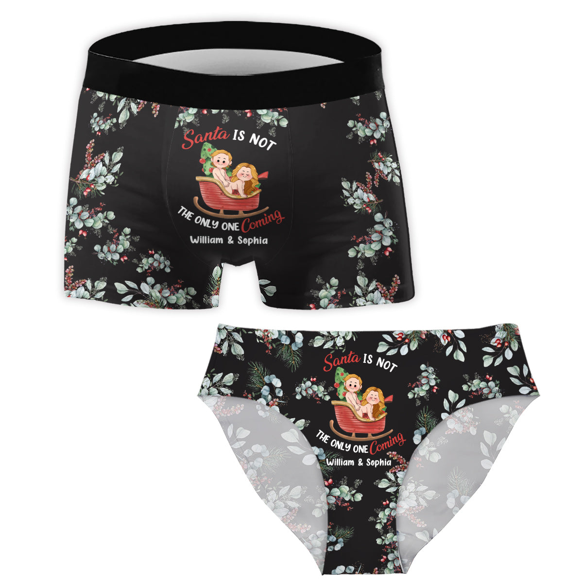 Set „Nicht nur der Weihnachtsmann kommt“ – Personalisierte Damen-Slips und Herren-Boxershorts für Paare