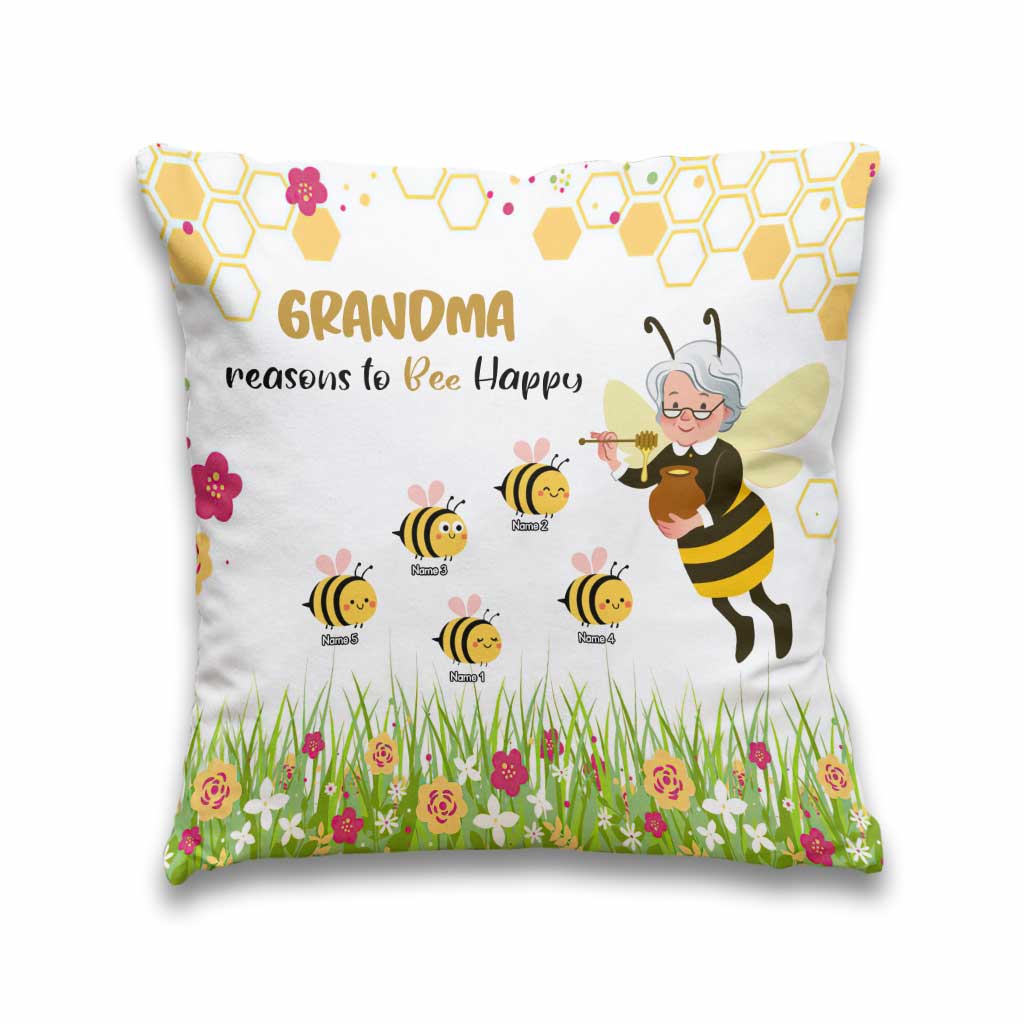 Grandma Reasons To Bee Happy - Personalized Mother's Day Throw Pillow