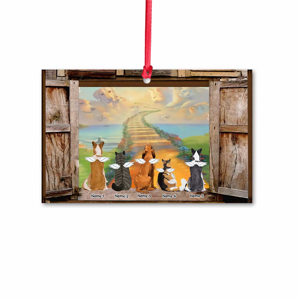 Regenbogenbrücke in meinem Herzen – Personalisierter Weihnachtsschmuck in Hundeform (beidseitig bedruckt)