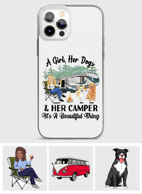A Girl Her Dog And Her Camper - Camping gift for dog lover - Personalized Clear Phone Case