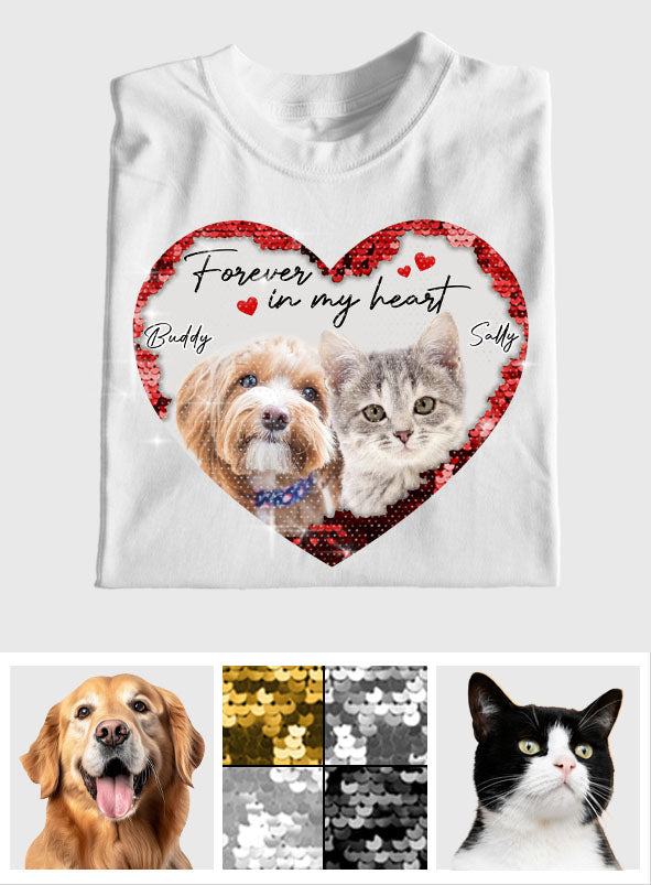 Für immer in meinem Herzen – Personalisiertes Foto von Hund & Katze – Geschenk für Hunde- und Katzenliebhaber – Pailletten-T-Shirt