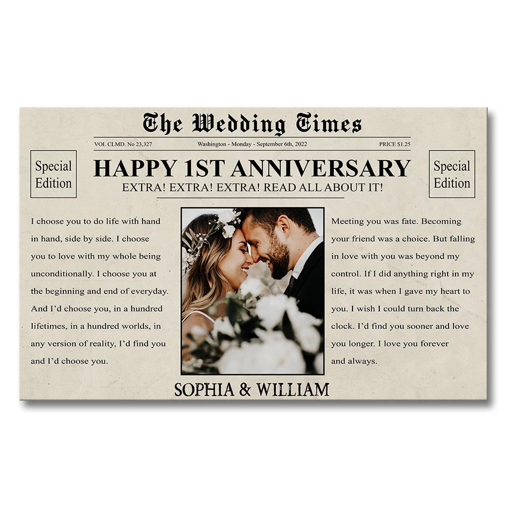 Alles Gute zum Jahrestag! – Personalisierte Leinwand und Poster für Ehepaare (The Wedding Times Newspaper)