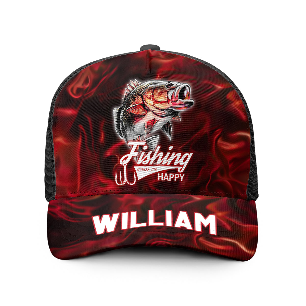 Angeln macht mich glücklich – Personalisierte Angel-Truckerkappe (Schwarzes Netzgewebe)