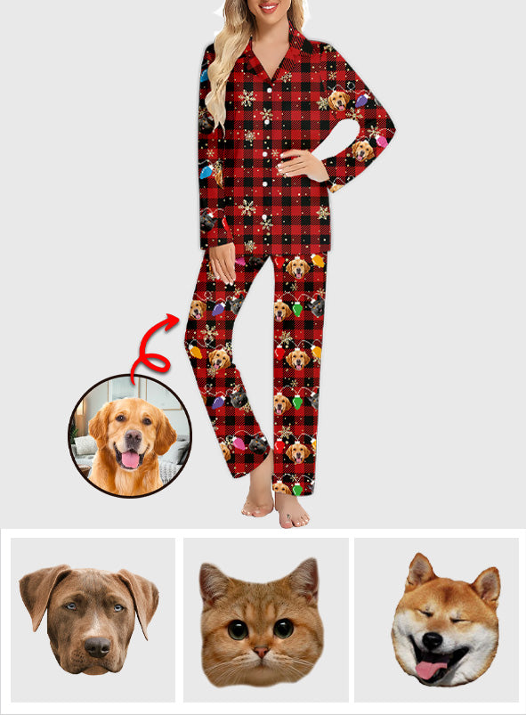 Niedliche Lichterkette mit Hunde- und Katzengesichtern – Geschenk für Hunde- und Katzenliebhaber – Personalisierter Pyjama mit Knöpfen