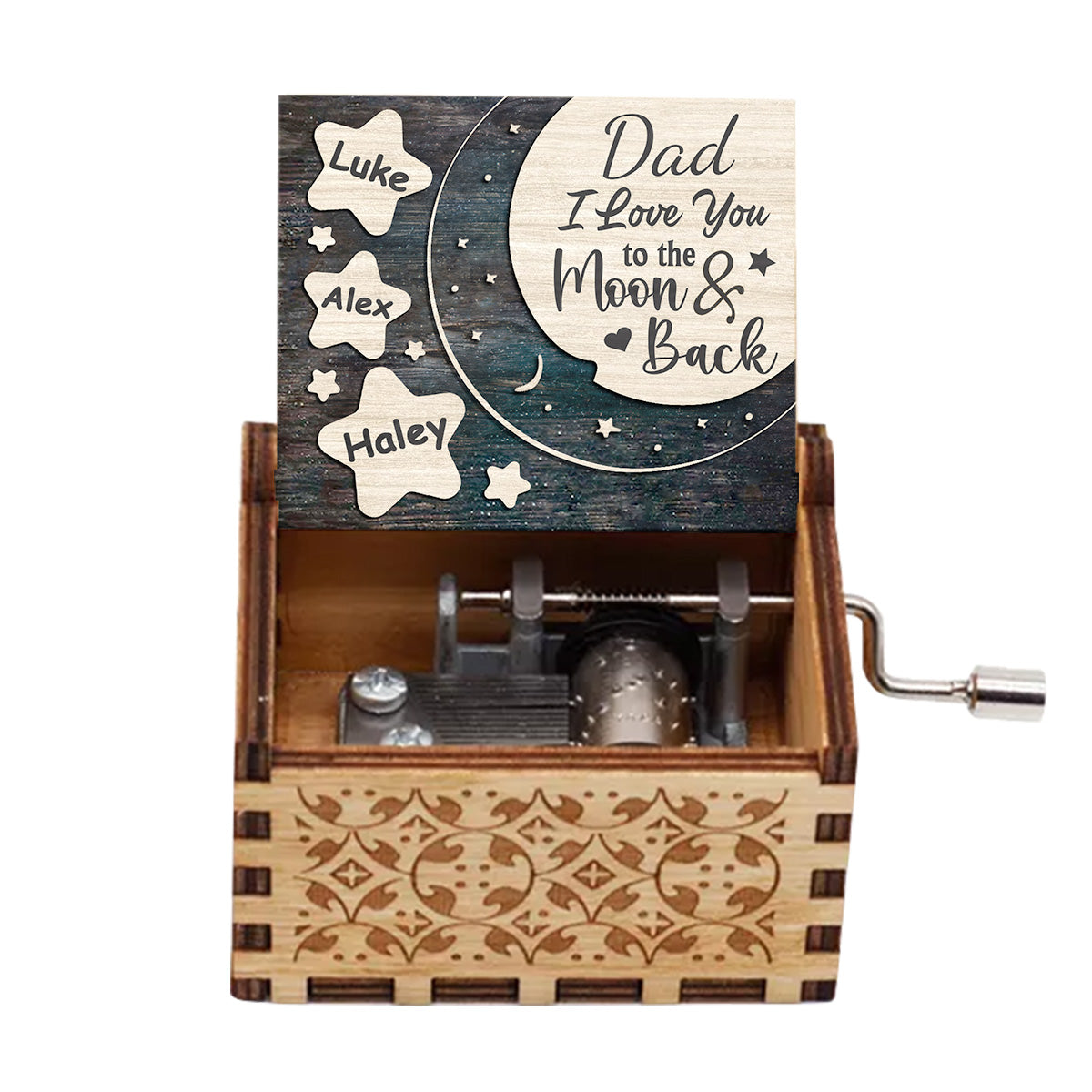 Ich liebe dich bis zum Mond und zurück – Geschenk für Mama, Oma, Papa, Opa – Personalisierte Spieluhr mit Handkurbel