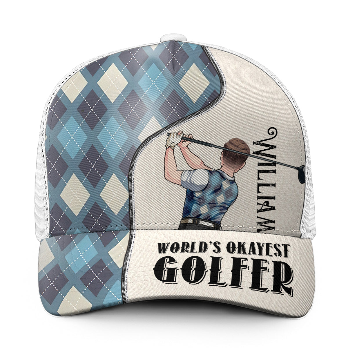 Weltweit mittelmäßigster Golfer – Personalisierte Golf-Trucker-Mütze (Weißes Mesh)