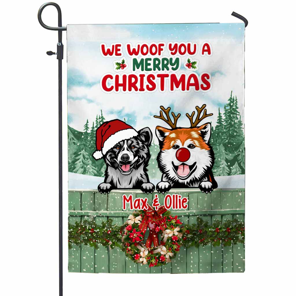 Wir wünschen euch ein frohes Weihnachtsfest! - Personalisierte Weihnachts-Gartenflagge mit Hundemotiv