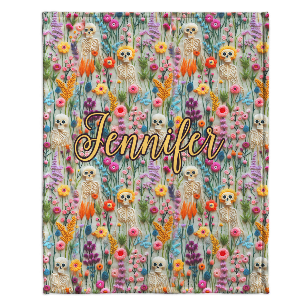 Personalisierte Totenkopfdecke mit Blumen-Skelett-Motiv