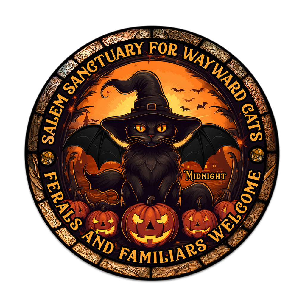 Salem Sanctuary für heimatlose Katzen – Personalisiertes rundes Holzschild mit schwarzer Katze