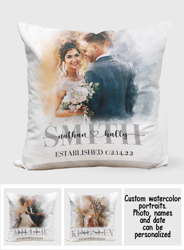 Individuell gestaltetes Aquarellgemälde als Hochzeitsgeschenk – personalisiertes Hochzeitskissen