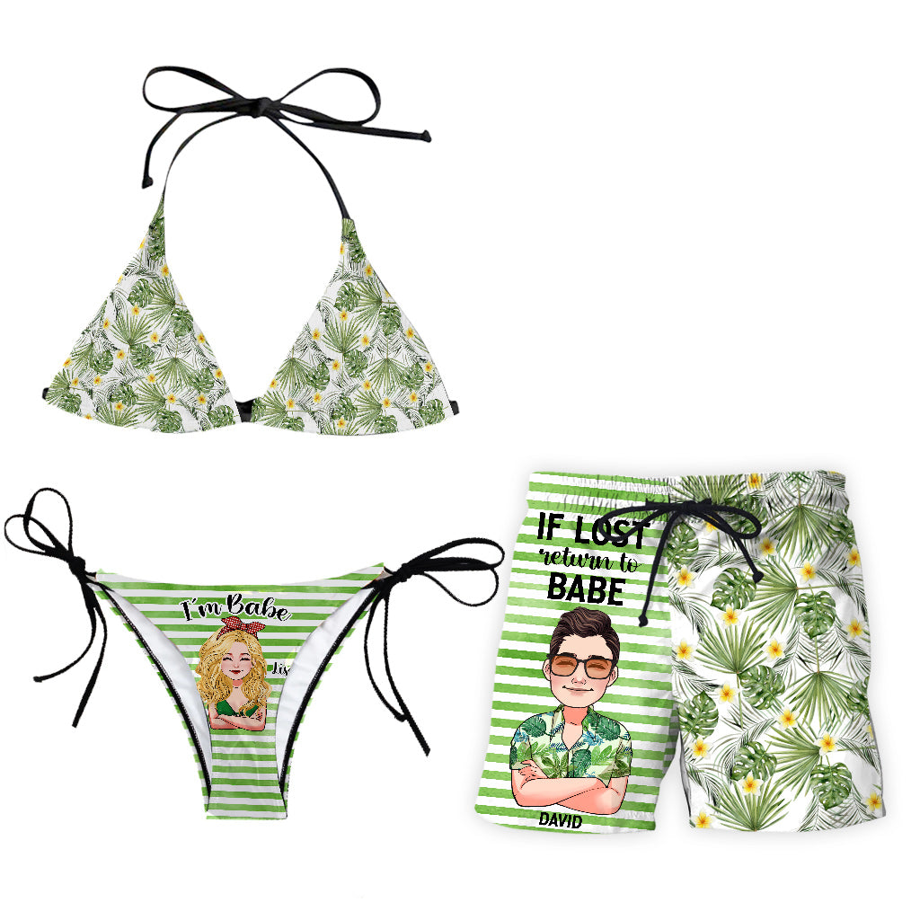 If Lost Return To Babe - Personalized Sea Lover Triangle Bikini Swimsuit And Men Shorts