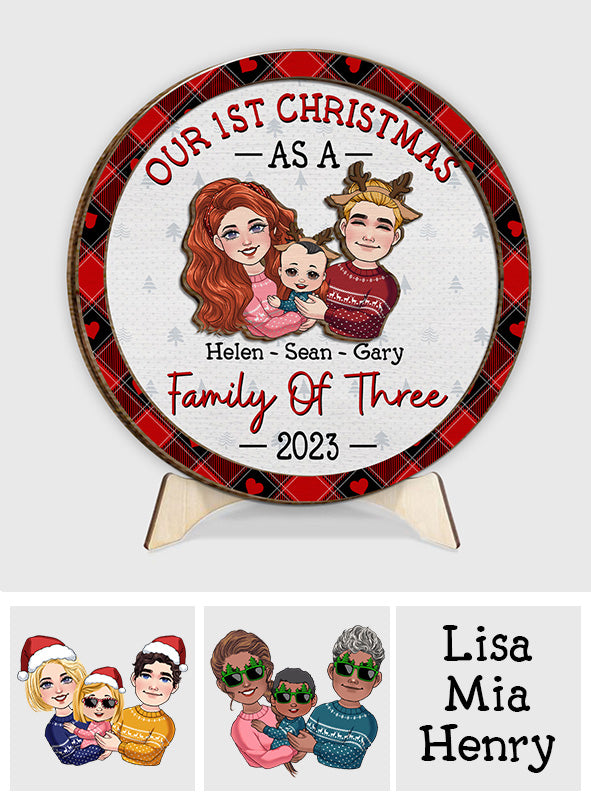 Erstes Weihnachtsfest zu dritt – Geschenk für Neugeborene – Personalisiertes zweilagiges Holzschild / Holzplakette