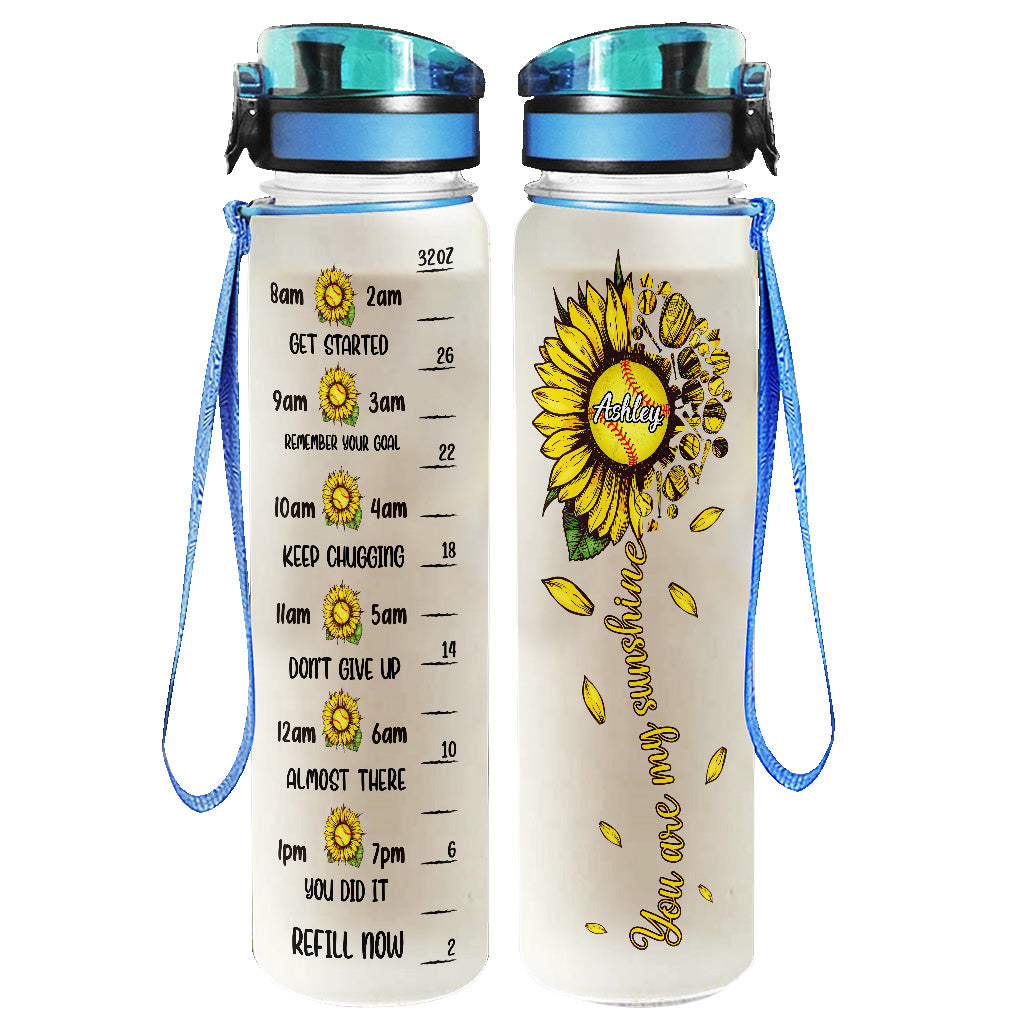 You Are My Sunshine Softball - Personalized Softball Water Tracker Bottle