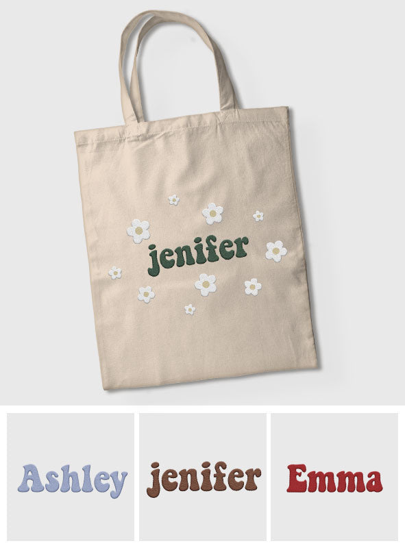 Personalisierte Tragetasche mit Namensaufdruck und Blume – Bestickte Tasche für Paare
