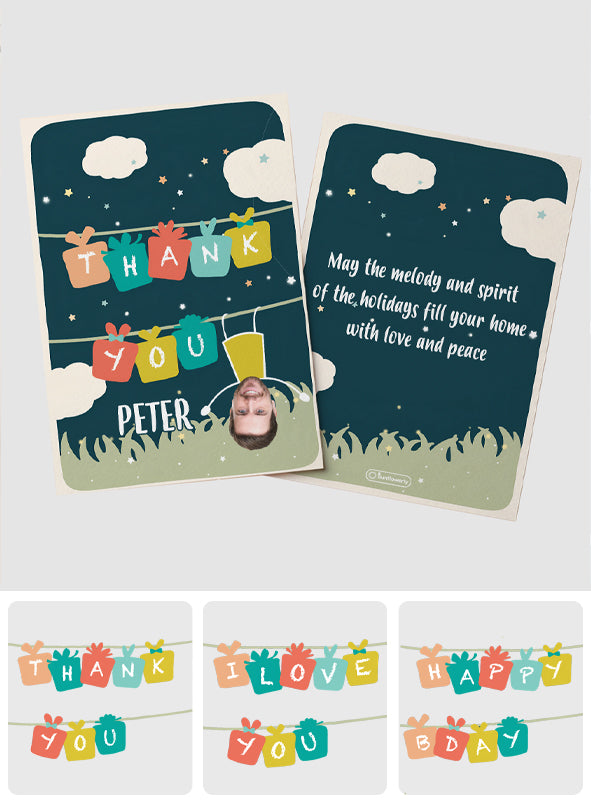 Danke / Ich liebe dich – Foto-Upload: Hängender Mann – Personalisierte Grußkarte