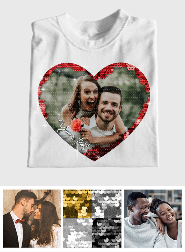 Individuell gestaltetes Pailletten-Shirt mit Foto für Paare – Geschenk für Hunde- und Katzenliebhaber – Personalisiertes Pailletten-T-Shirt