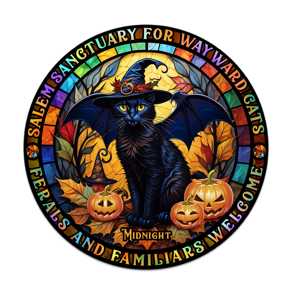 Salem Sanctuary für heimatlose Katzen – Personalisiertes rundes Holzschild mit schwarzer Katze