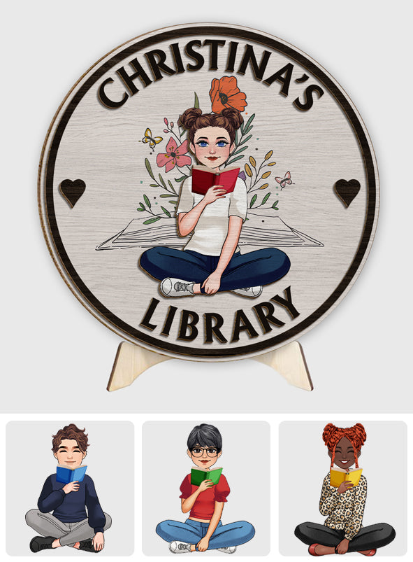 Meine Bibliothek – Personalisiertes Buch, 2-lagiges Holzschild / Holzplakette