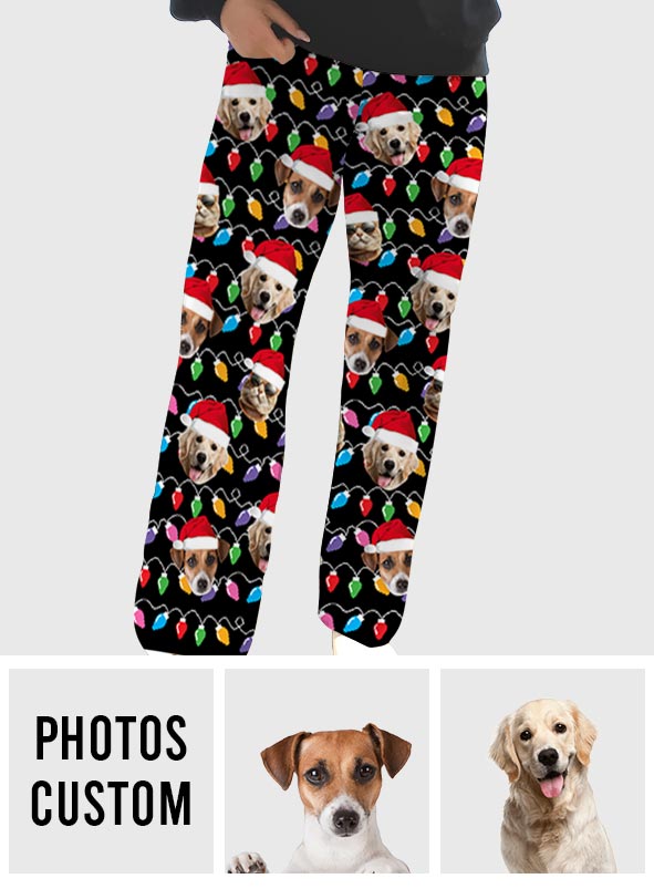 Beliebiges Foto hochladen Bunte Weihnachtsbeleuchtung - Personalisierter Hunde-Pyjama mit Knöpfen