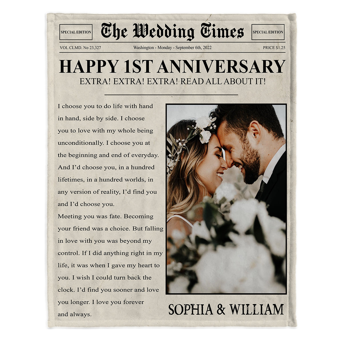 Herzlichen Glückwunsch zum Jahrestag! – Personalisierte Ehepaar-Decke aus der Wedding Times-Zeitung
