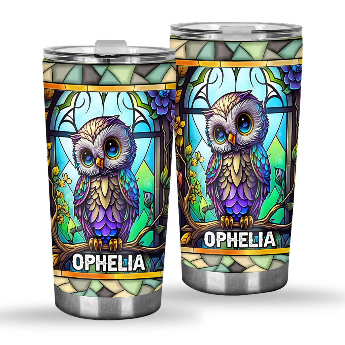 Cute Owl Stained Glass - Personalized Owl Tumbler