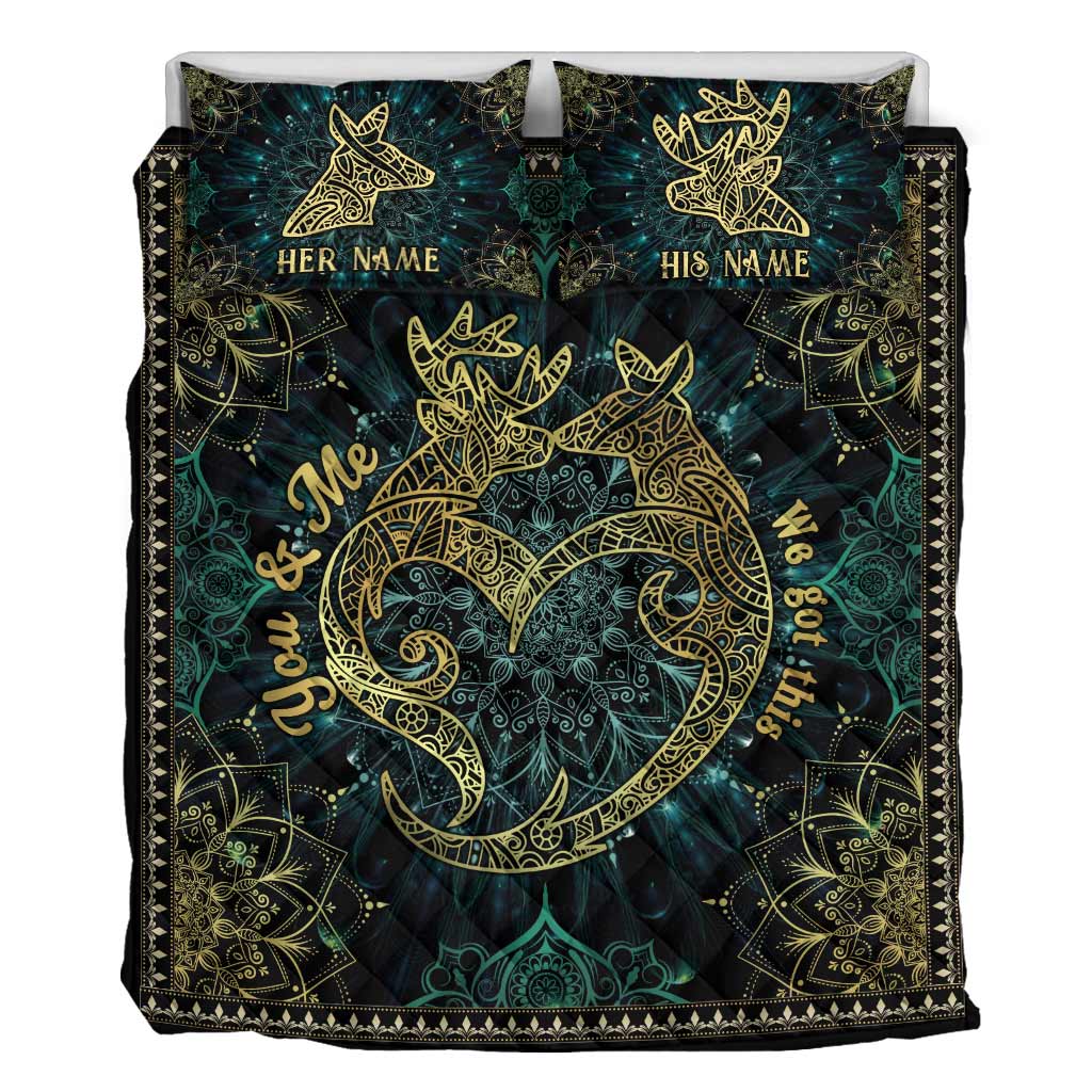Du und ich, wir schaffen das! Hirschpaar-Mandala – Personalisiertes Jagd-Quilt-Set
