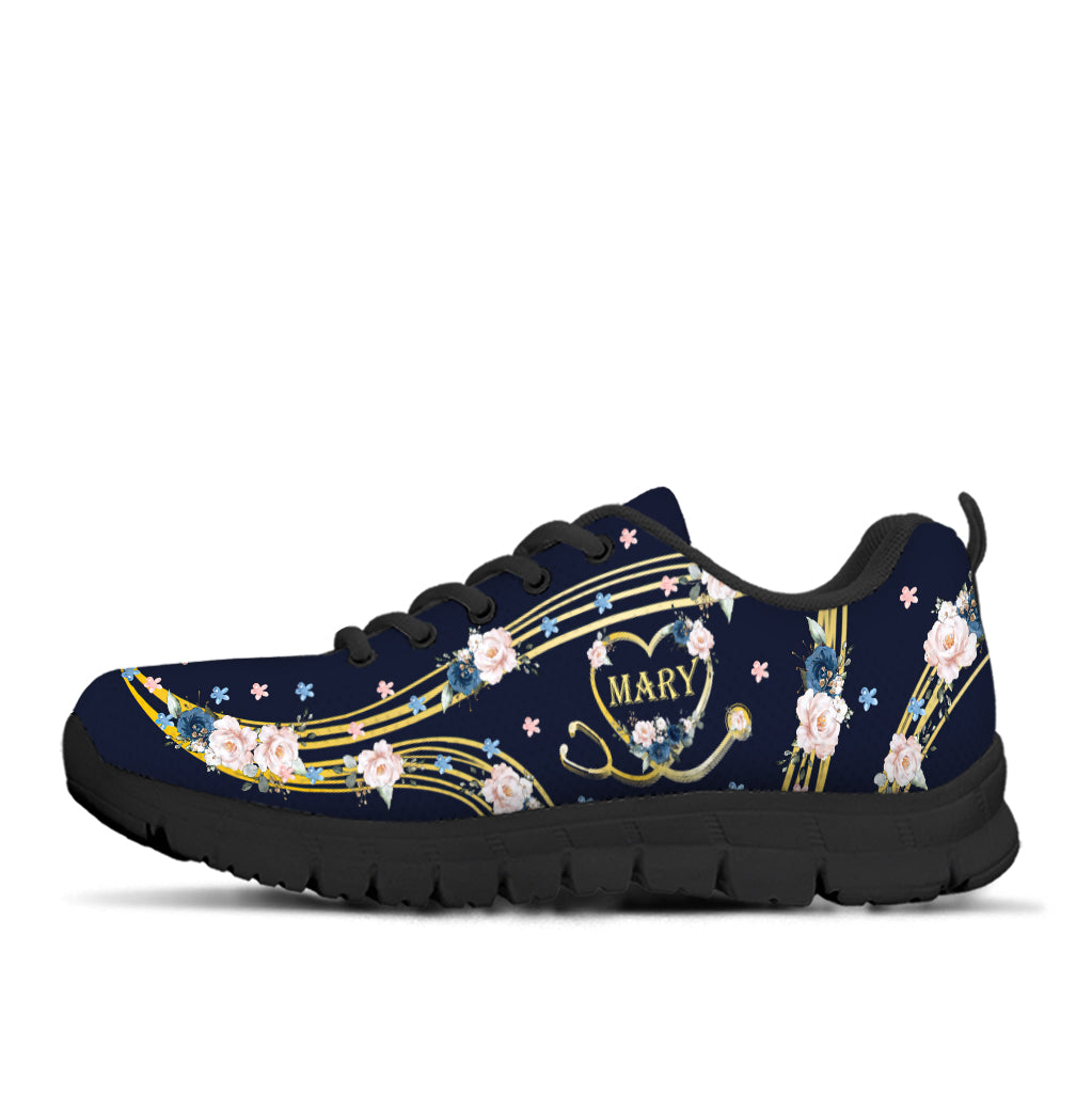 Nurse Proud Heart Stethoscope Blue Roses - Personalized Nurse Sneakers