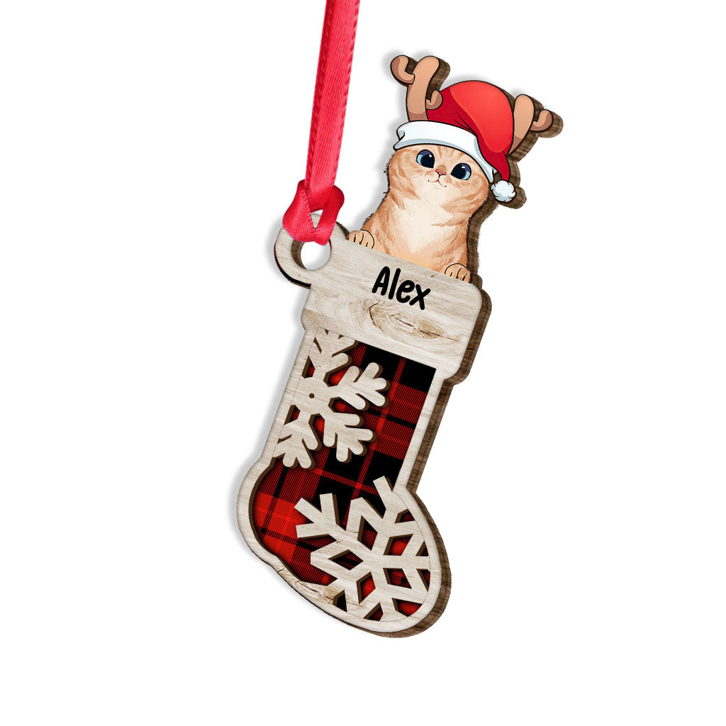 Niedliche Katzensocke – Personalisierter Weihnachtsschmuck aus mehrschichtigem Holz mit Katzenmotiv