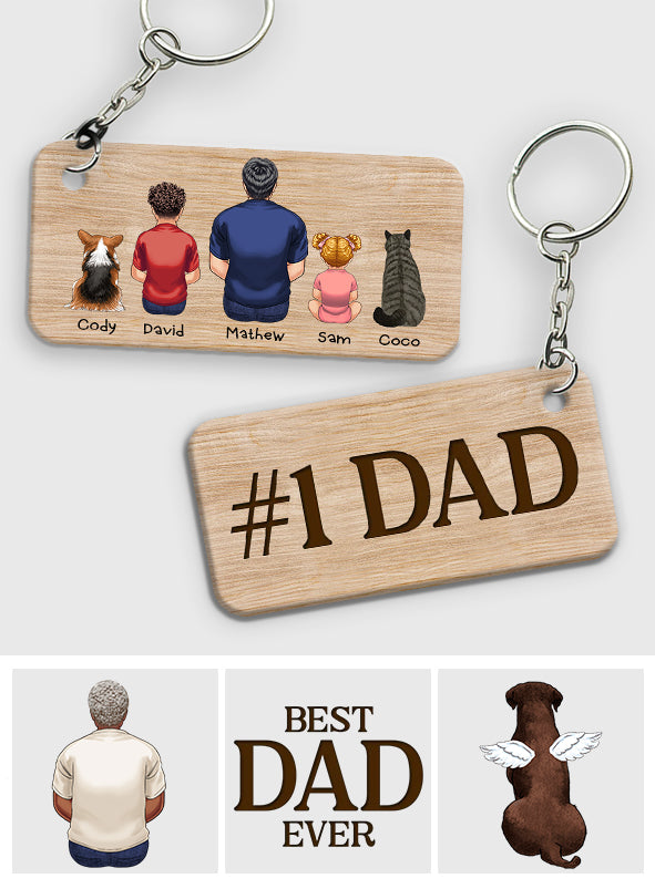 Bester Papa aller Zeiten – Rückansicht – Mann, Kinder, Hund, Katze – Personalisierter Schlüsselanhänger für Väter