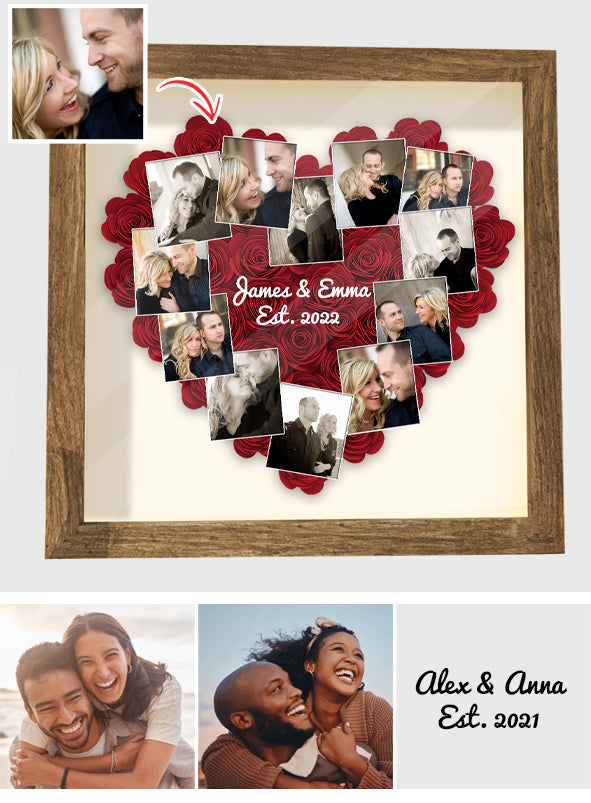 Romantisches Geschenk mit Herzfotos im Polaroid-Stil – personalisierte Blumen-Schattenbox für Paare
