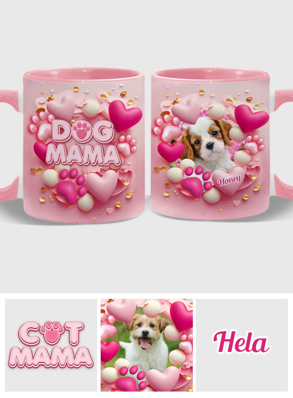 Hund, Katze, Mama, Fellmama, 3D-Herz in Rosa – personalisierte Tasse mit Hundemotiv