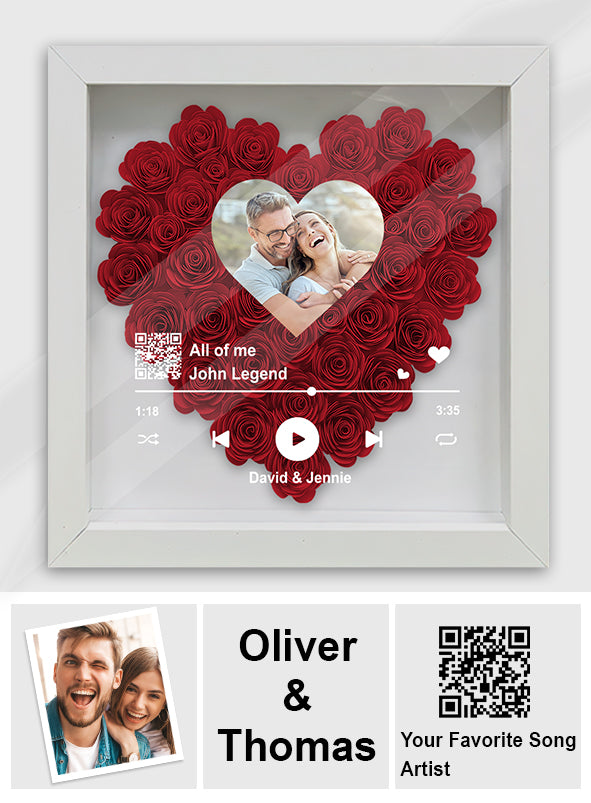 Personalisierter QR-Code mit Foto, Lieblingslied – personalisierte Blumen-Schattenbox für Paare